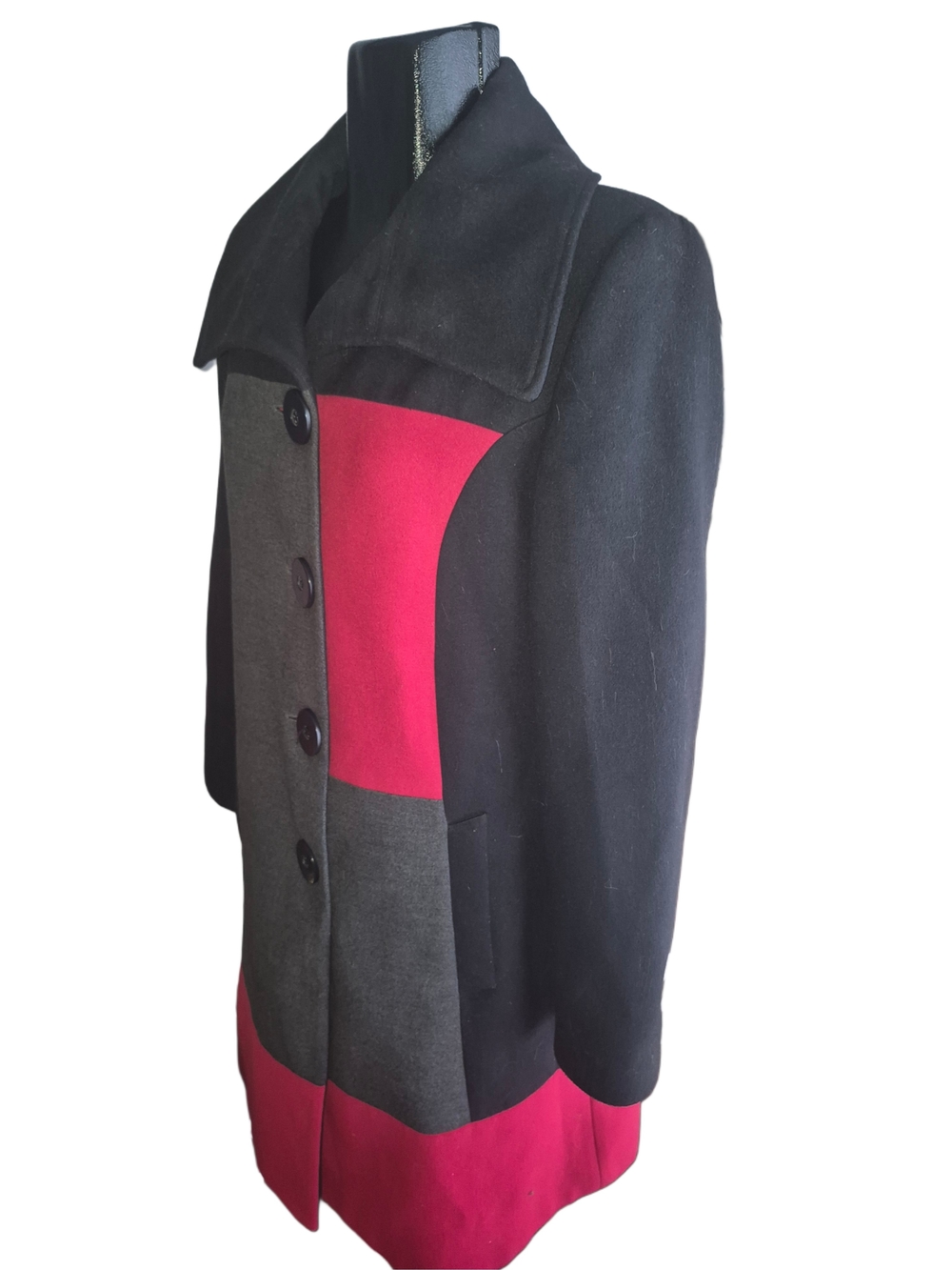 Jessica Red, Black & Grey Colorblock Mid-length Button-up Coat Size L - Picture 4 of 8